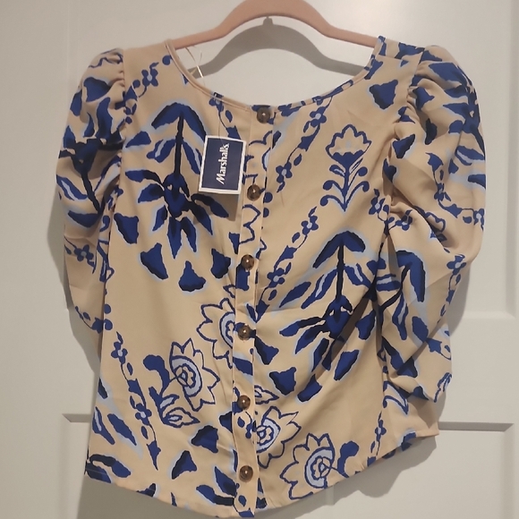 Sienna Sky Blue and Cream Puff Sleeve Blouse - Picture 4 of 4